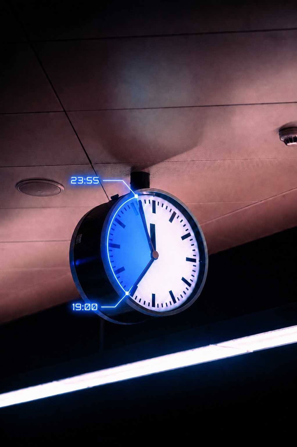 Uhr mit den Markierungen 19:00 und 23:55, den Afterwork-Öffnungszeiten von Coolzoone